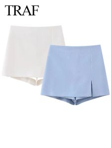 Shorts TRAF Summer Fashion Female Chic Hem Slit Slim Skirt Women's High Waist Office Casual Mini Skirt Pants Elegant Solid Color Skirt