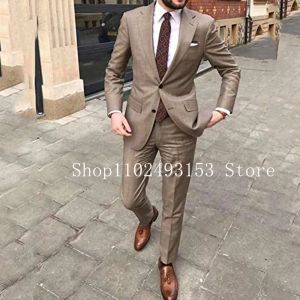 정장 2023 Brown Men Suits Slim Fit 2 조각 노치 된 옷깃 비즈니스 공식 턱시도 전문 신랑 웨딩 드레스 정장 의상 homme