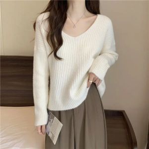 Pullovers White Vneck Knitted Top for Women Pullover Ladies Sweaters Grey Sale New in 2023 Collection Winter Thermal Blouse Long Sleeve