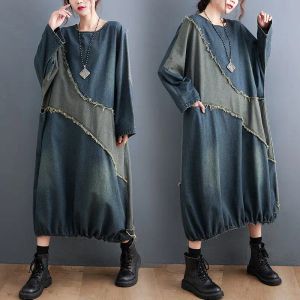 Dress Vintage Spring Autumn Women Clothing Contrast Color Stitching Denim Dress Raw Edge Loose Long T Shirt Female Robes M1986