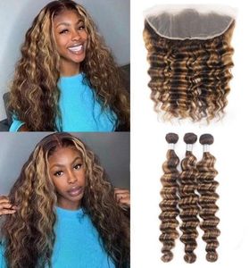 Ishow Transparent Lace Frontal Highlight Loose Deep Human Hair Bundles with Closure Body Wave 34 Pcs Straight Kinky Curly for Wom74855512