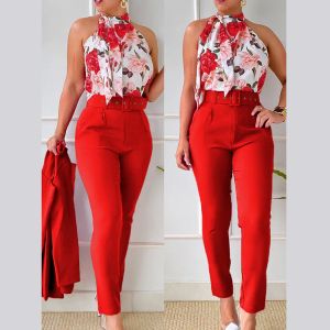 Suits Women Party Outfits Satin Lace Up Halter Sleeveless Print Top And Pencil Pants Office Lady Suits Elegant Slim Fit Two Piece Set