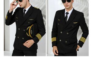 Jacken Herren Airline Pilot Uniformen Friseur Schwarz Marineblau Anzug Mantel Slim Fit Arbeitskleidung Große Größe Männliche Feste Kleidung