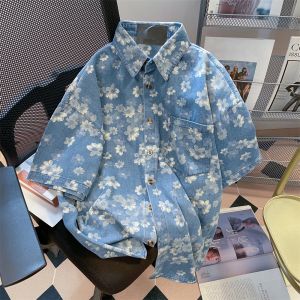 Skjorta amerikansk retro blommig tryck denim män kvinnor skjorta sommar överdimensionerad avstängning krage kort ärm lös blus toppar