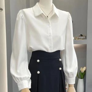 Camicia Camicetta bianca Camicie pieghettate a maniche lunghe lanterna da donna Moda Casual Office Lady Pretty Style Top Camicie JK Sweet Students