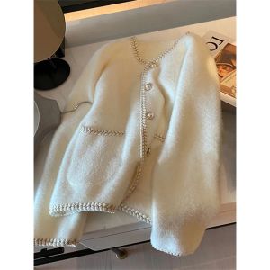 Jacken MEXZT Nerz Kaschmir Pullover Strickjacke Jacken Frauen Elegante Vintage Perle Taste Mäntel Herbst Winter Koreanische Casual Stricken Oberbekleidung