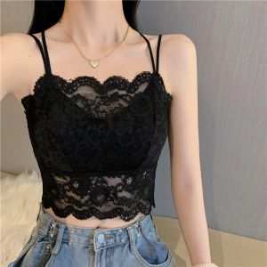 Camis #5378 Schwarz weißer Spitze Camis Frauen Rückenfreier Verband sexy kurze Crop Top Femme dünne trägerlose Tanktops Retro Sommer