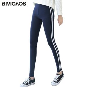 Leggings bivigaos feminino novo casual leggings lado listra branca elástico algodão leggings calças roupas femininas moda legging para mulher