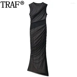 Casual klänningar ruched tyll bodycon klänning kvinnor ärmlös svart länge för elegant mesh party kvinna draperad midi