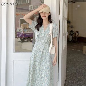 Vestido de manga curta feminino estilo francês senhora vneck floral lazer na moda temperamento diário streetwear meninas ulzzang suave feminino