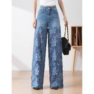 High-waisted wide-leg pants women 2024 spring/summer everything with a wispy empty lace patchwork denim sag pants