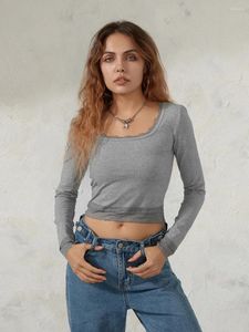 Women's T Shirts Women Lace Patchwork Long Sleeve Tops Summer Slim Cropped U-Neck Show Navel T-shirt Streetwear