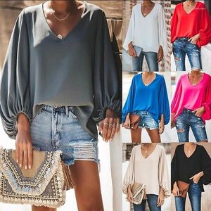 Ethnic Clothing 1pcs Spring Summer Women's Elegant V Neck Solid Color Blouse Balloon Sleeves Loose Comfortable Breathable T-shirt Tops