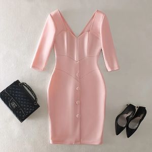 Dress Retro HighEnd Light Pink Luxury Women's Dress High Waist Skinny Half Sleeve V Neck Retro Dresses 50s 60s Vintage Bodycon