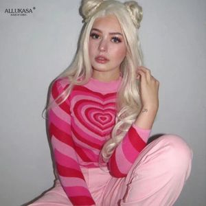 Pullovers y2k estetyka serc w paski golarki pullovers egirl słodki długi rękaw gorąca różowa kobieta swetry harajuku 90s Jesień dzianinowy