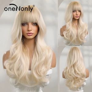 Onenononly perucas sintéticas para mulheres peruca loira com franja onda longa cabelo natural fibra resistente ao calor 240229