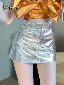 Skirts WOWOOTD 2023 New Zipper Fly Pockets ALine Skirt Women Pink Preppy Style Y2K High Waist Mini Hot Girl Silver Party Bottom