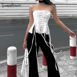 Camis Sweetown Fairycore Y2K Streetwear Tube Tops Women Sleeveless Strapless Zipper Split Cross Bandage Summer Corset White Vest