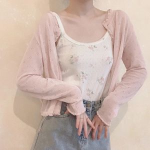 Cardigans Cute Knitted Cardigan Women Summer Hollow Out Thin Sweater for Sweet Girl Kawaii Clothes