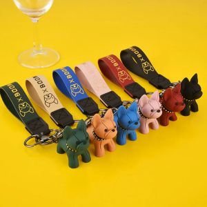 Punk French Bulldog Keychain Bag Pendant PU Leather Dog Keychains for Women Couple Car Key Holder Chain Ring Trinket Keyfob 11 LL