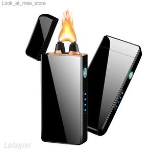 Lighters Powerful flame USB light large fire and wind proof charging electronic plasma dual arc light LED display screen smoking tool Q240305