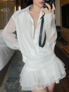 Klänning qweek 2024 mode ny vit skjorta mini klänning y2k kontor damer sexig lyx födelsedag seethrough vår korta klänningar ramadan