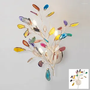 Wall Lamp Modern Decorative Art Flower LED Light Sconce Bedside Golden Tree Branch Leaf Agate Color Glass