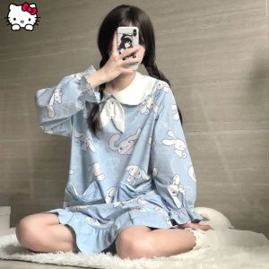 Klä japanska koreanska pyjamas vårtecknad söt cinnamoroll doll krage nattdress långärmad klänning elegant kawaii kvinnor kläder