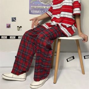 Capris Fashion büyük boy geniş bacak eşofmanları harajuku kadınlar Gotik Koreli Kırmızı Ekose Klasik Pantolon Sokak Giyim Kontrol Edilmiş Pantolon 2021 Pop