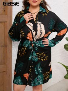 Kleider GIBSIE Plus Size Tropical Print Twist Front Shirt Dresses 2023 Frühling Herbst Boho Casual Damen Langarm A-Linie Minikleid