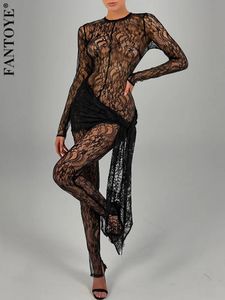 Fantoye Sexy See Through Fasciatura di pizzo Tuta da donna Nera Manica lunga Girocollo Tuta increspata Autunno Skinny Streetwear 240229