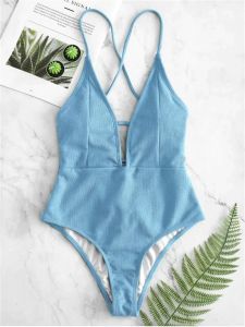 Swimwear Sexy Halter Solid Women Swimwear blue High Cut Out One Piece Swimsuit Backless Thong Swim Suit Female Bathing Suit Monokini