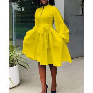 Dress Elegant Women White Yellow Dress Fashion Casual Solid Color Lantern Sleeve African Dress Lady Office Modest Work Wear Vestidos