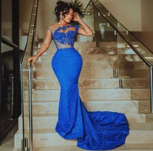 Glitter Beading Lace Prom Dress Aso Ebi Estilo Royal Blue Beads Noite Formal Vestidos de Festa de Aniversário Árabe Africano Robe De Soiree Vestidos de Festa