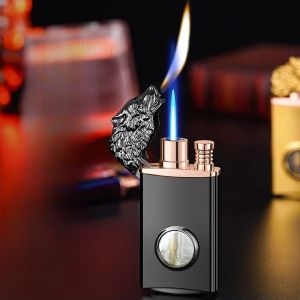 Wolf Head Glowing Transparent Gas Jet Lighter Dual Fire Conversion Lighter Metal Windproof Butane Refill Lighter Smoking Men Gift