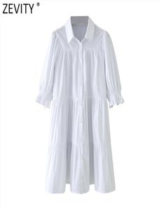 Women Turn Down Collar Pleats White Shirt Dress Chic Puff Sleeve Office Lady Vestido Business Mini DS4981 2104209255021