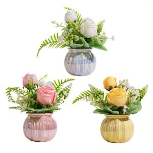 Decorative Flowers Silk Rose Bouquet Decoration Ceramic Pot Bonsai Table Centerpiece Height 21cm For Living Room Multipurpose Elegant