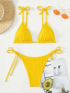 Ställ in sexig gul solid Micro Bikinis Set Triangle Cup Thong Swimsuit Women Bikinis Swimits Beachwear Bathing Duits badkläder Bakini