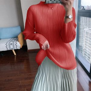 T-shirt Miyake Pleated Classical Base Tshirt Autumn Winter Women Crop Long Sleeve Tops Korean Fashion Designer Aesthetic Clothes