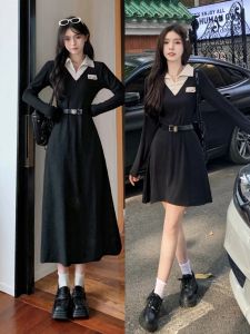 Vestido vintage polo pescoço manga longa preto midi vestidos para as mulheres 2023 outono nova moda cintura mais fina casual coreano roupas femininas