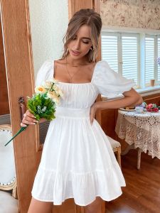 Dress White Summer Dress Backless Lace Up Ruffles Ruched Solid Tie Back Flounce Hem Dress Puff Sleeve Elegant Dress