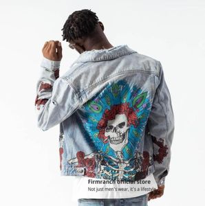 Men039s Kurtki FirmRanch High Qualtiy Skull Rose Print Kurtka Blue Denim Coat Mashion Chaqueta dla Menwomen Jean Outer5965259