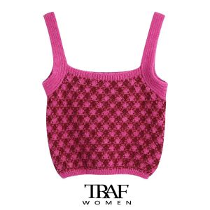 Camis Traf Women Sweet Fashion Check dzianinowe topy zbiornikowe vintage proste szyi szerokie paski żeńskie Camis Mujer