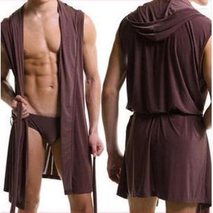 Men's Sleepwear European Version Bathrobe Sleeveless Silky Pajamas Hooded Men Ultra-thin Home Wear Robe Kimono