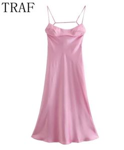 Traf Pink Long Dresses女性の袖なしサテンスリップカットアウト女性バックレスセクシーパーティースリットMIDI 2205204142618