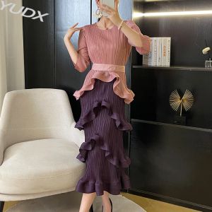 Dress YUDX Miyake Pleated Irregular French Dress 2023 Early Fall New Loose Large Size Tie Fashion Temperament Women's Cake Skirt