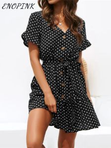 Klänning Chiffon Dot Print Bandage Mini Dress for Women Summer Sexy V Neck Button Beach Dress 2023 Kvinnor Sköt ärm snörning Sundress