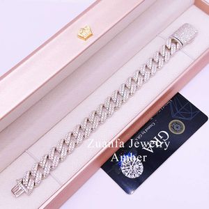 Günstigster Preis 12 mm 2 Reihen S925 Sterling Silber Pass Diamond Tester D-vvs Diamant Moissanit Cuban Link Armband