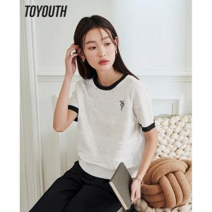 Cardigans Toyouth Women Tshirt 2023 Summer Short Sleeve O Neck Stretch Loose Knitwear broderad Hollowout White Casual Chic Tops