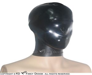 Schwarze sexy Latexhaube mit Reißverschluss hinten, offenes Nasenloch, Gummimaske, runder Kragen, einfarbig, 00012090588